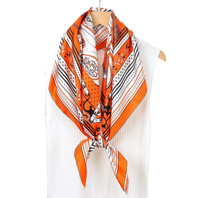 88x88cm Square Scarf 100% MULBERRY SILK Twill 14MM Orange Equestrian Saddle Print Women Neck Scarf Head Wrap Bag Band Shawl