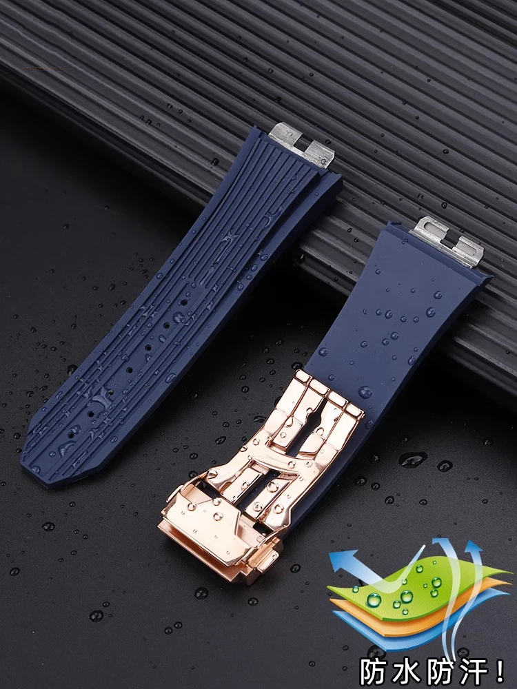 Correa de goma fluorada para Hublot BIG BANG Hengbao 441 415 411 correa de reloj VITON de liberación rápida para hombre pulsera FKM con hebilla plegable de 28*18mm