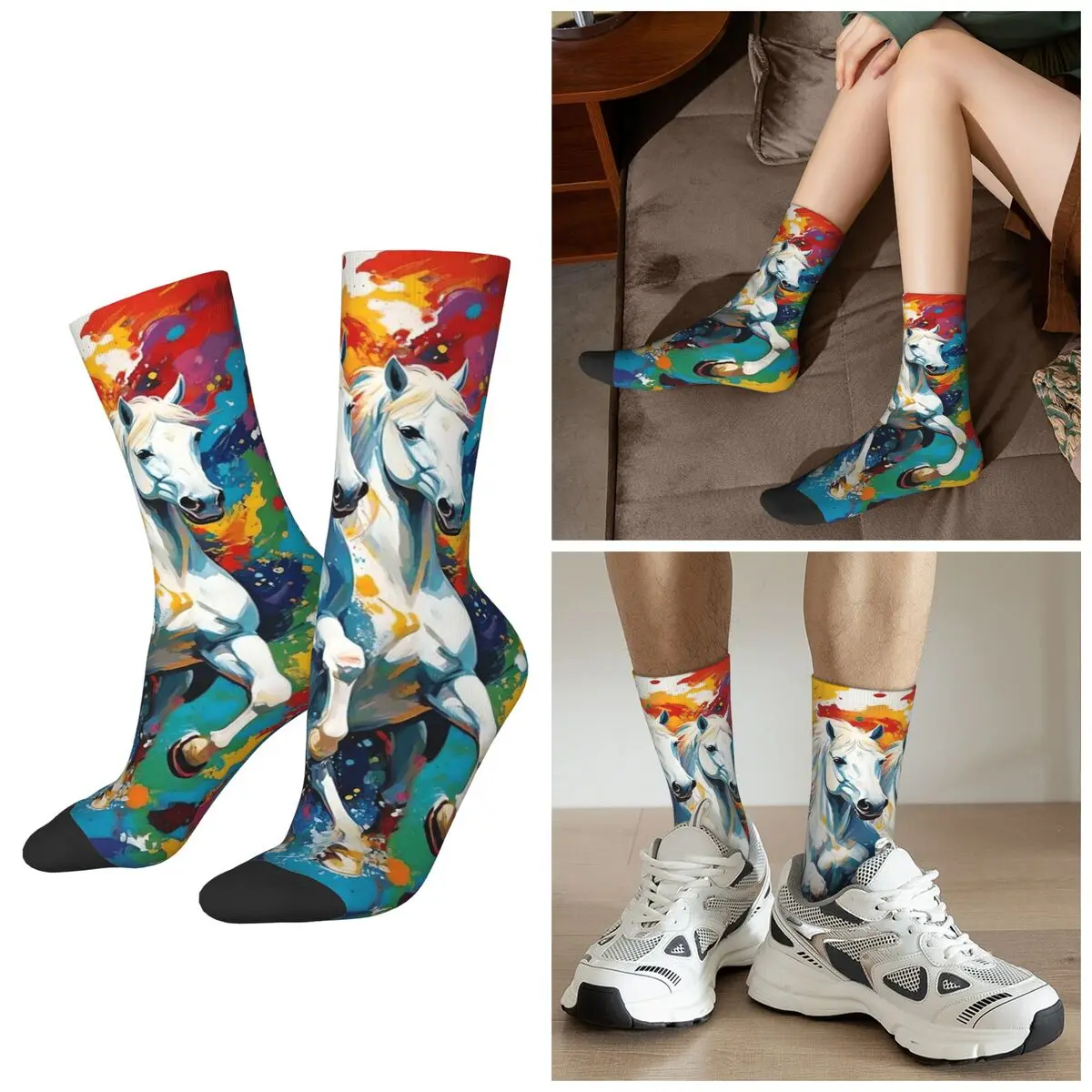 

All Seasons Wild Horse Oil Painting Colour Socks Harajuku Crew Socks Hip Hop Stockings for Men Women Christmas Gifts
