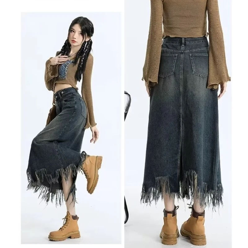 

Summer Vintage High-waist Slit Denim Skirt for Women Cotton Washed Retro A- Line Skirt Hip-covering Straight Long Jeans Skirts