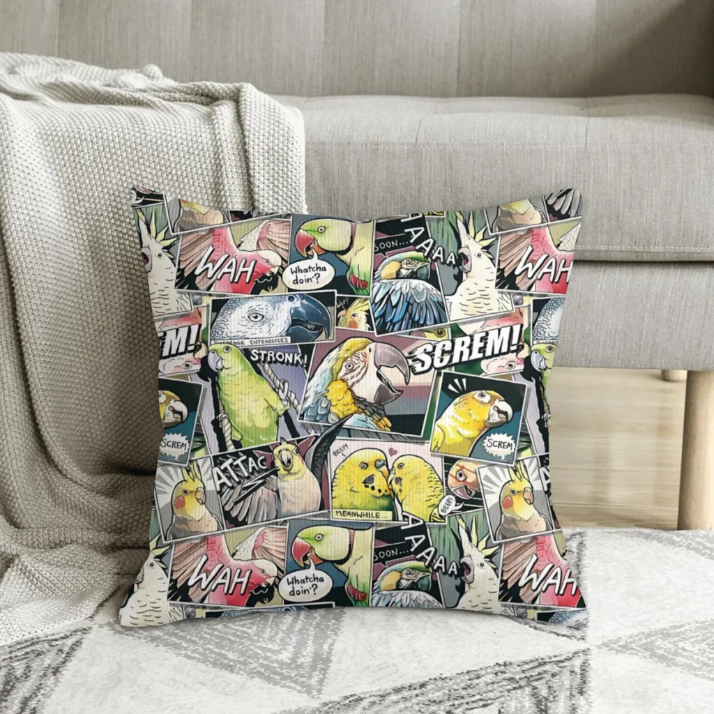 Parrots Comic Style Throw Pillow Case Cockatiel Backpack Coussin Covers DIY Printed Kawaii Sofa Decor