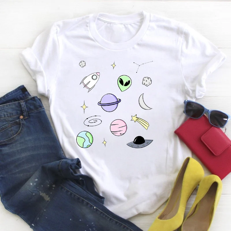 Women UFO Alien Cartoon Cool Funny Clothing Print Ladies Summer T Tee  Nice Top Shirt Pretty Tshirt Womens Graphic T-shirt