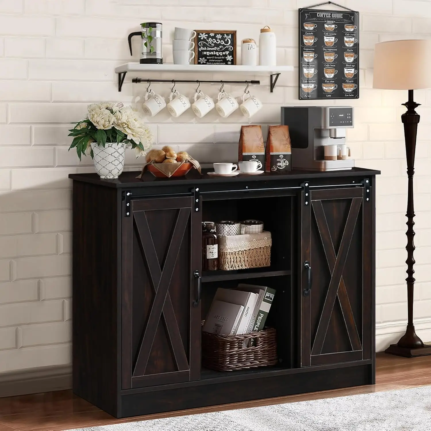 WINNER Coffee Bar Cabinet with Storage, 42” Sideboard Buffet Cabinet with Sliding Barn Doors, Farmhouse Coffee Bar Station Table