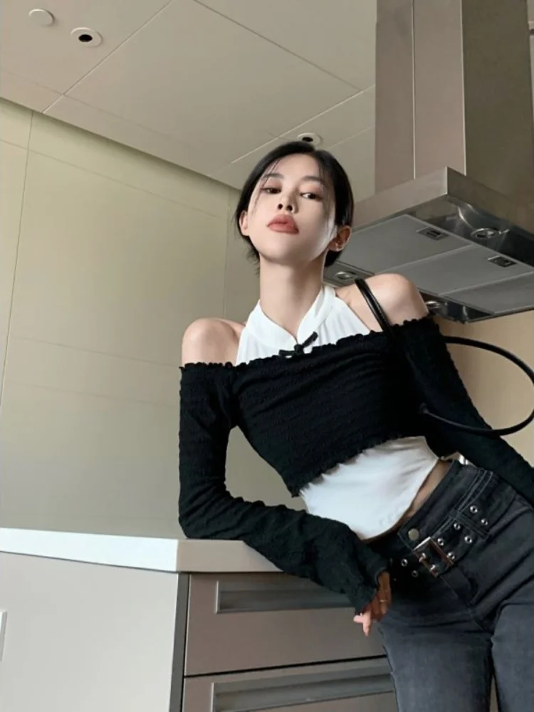 Woherb Sexy Two Pieces Set Women Long Sleeve Off Shoulder Crop Top + Sleeveless Tank  Korean Y2k Aesthetic Chic Outfits