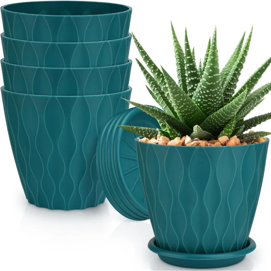 

6 inch Plant Pots 5 Pack Flower Pots for Outdoor and Indoor Use SelfWatering Planters with Drainage Holes and Matching Tray Sau