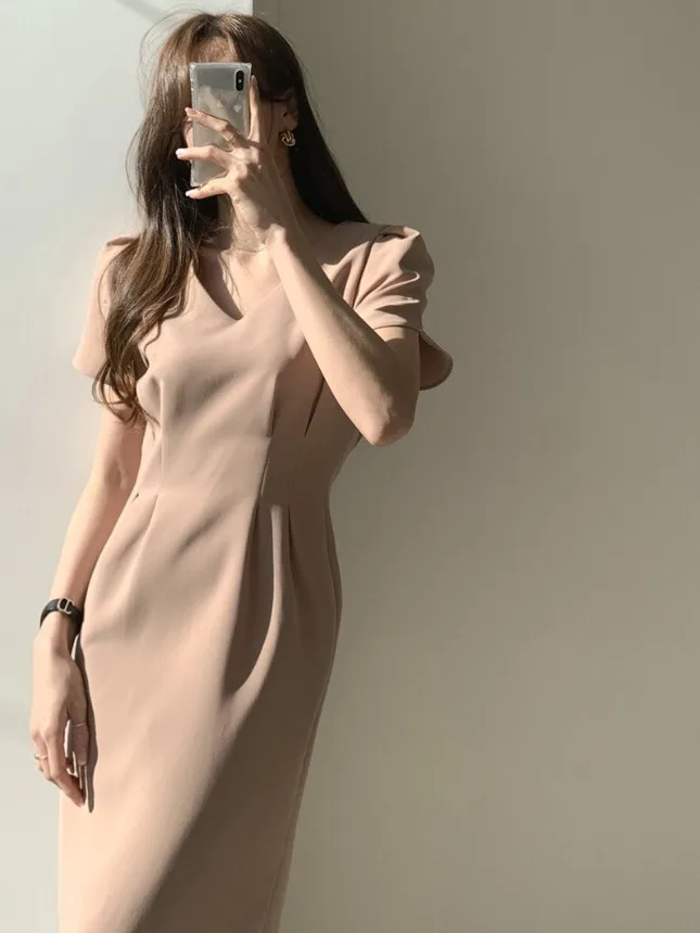 

Ele V-Ne Slimming Midi Dr Women's ort Sve Waist-Cinching Pleated Commute Sle Pure Color Other Material 00%