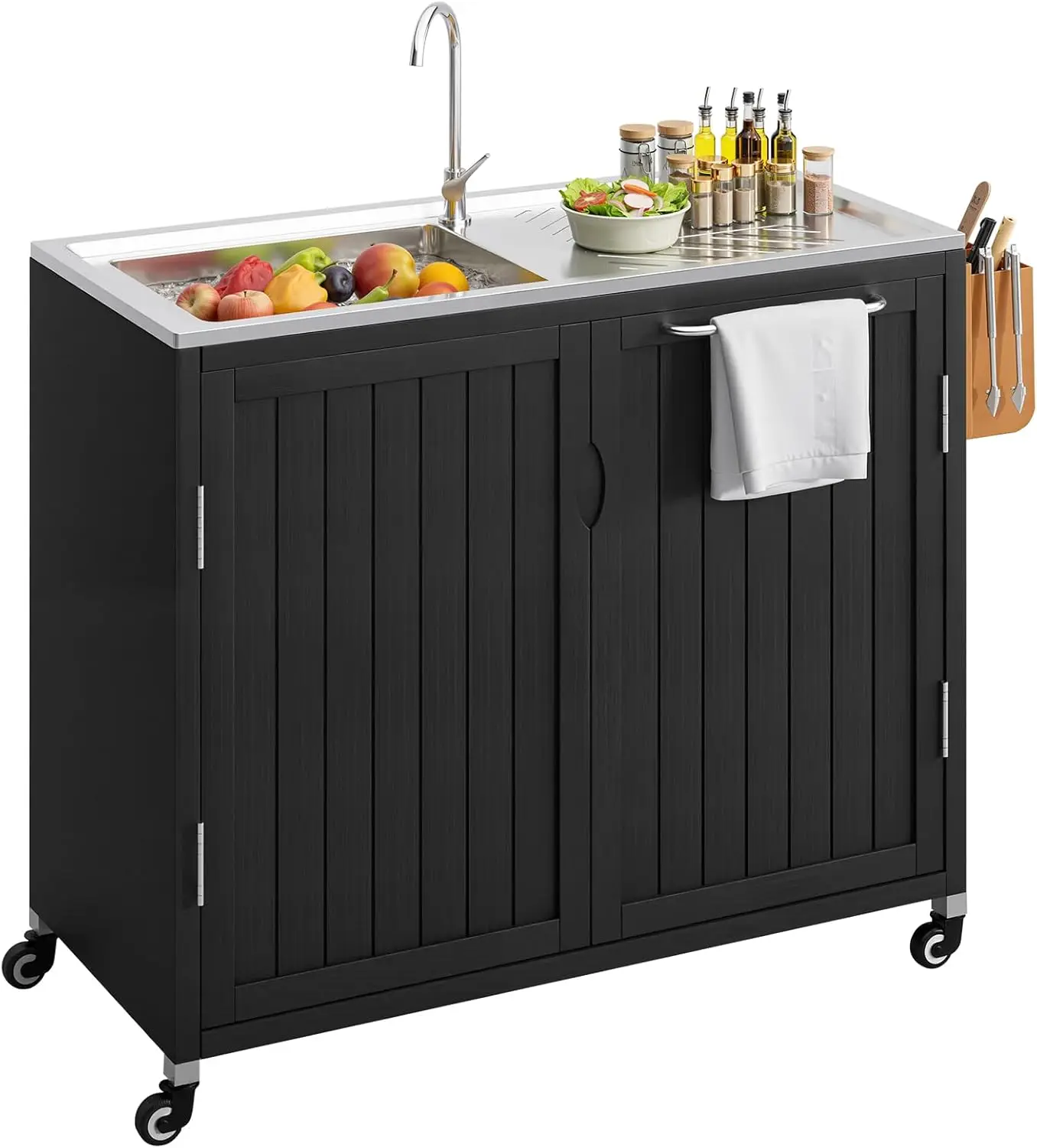 Outdoor Kitchen Island with 304 Stainless Steel Sink and Large Storage Cabinet,Wooden Grill Cart,40-Inch BBQ Prep Station with S