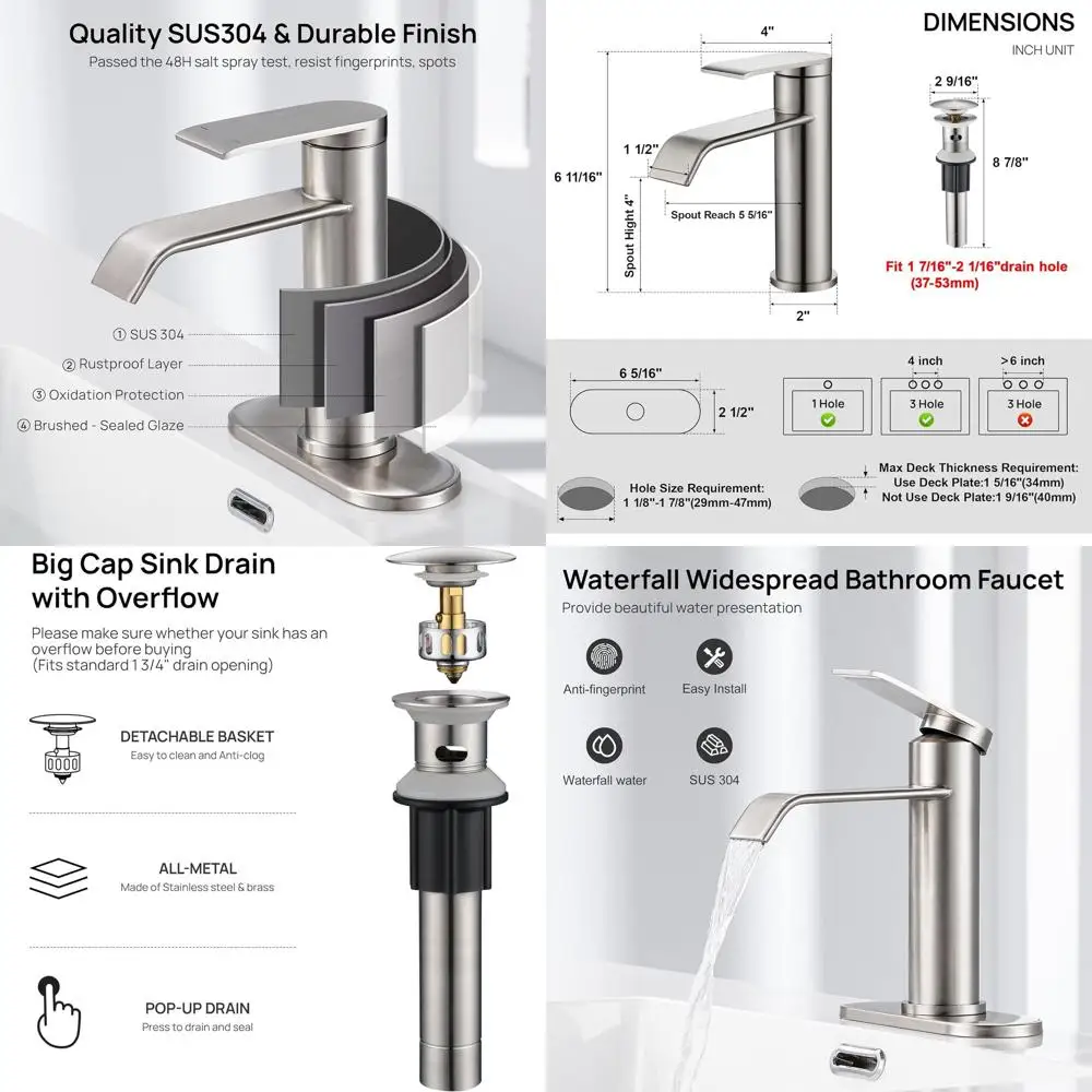 

Modern Single Handle Waterfall Faucet with Metal Pop-Up Drain, Brushed Nickel Finish, Deck Mounted, JJL-MP-7001BN