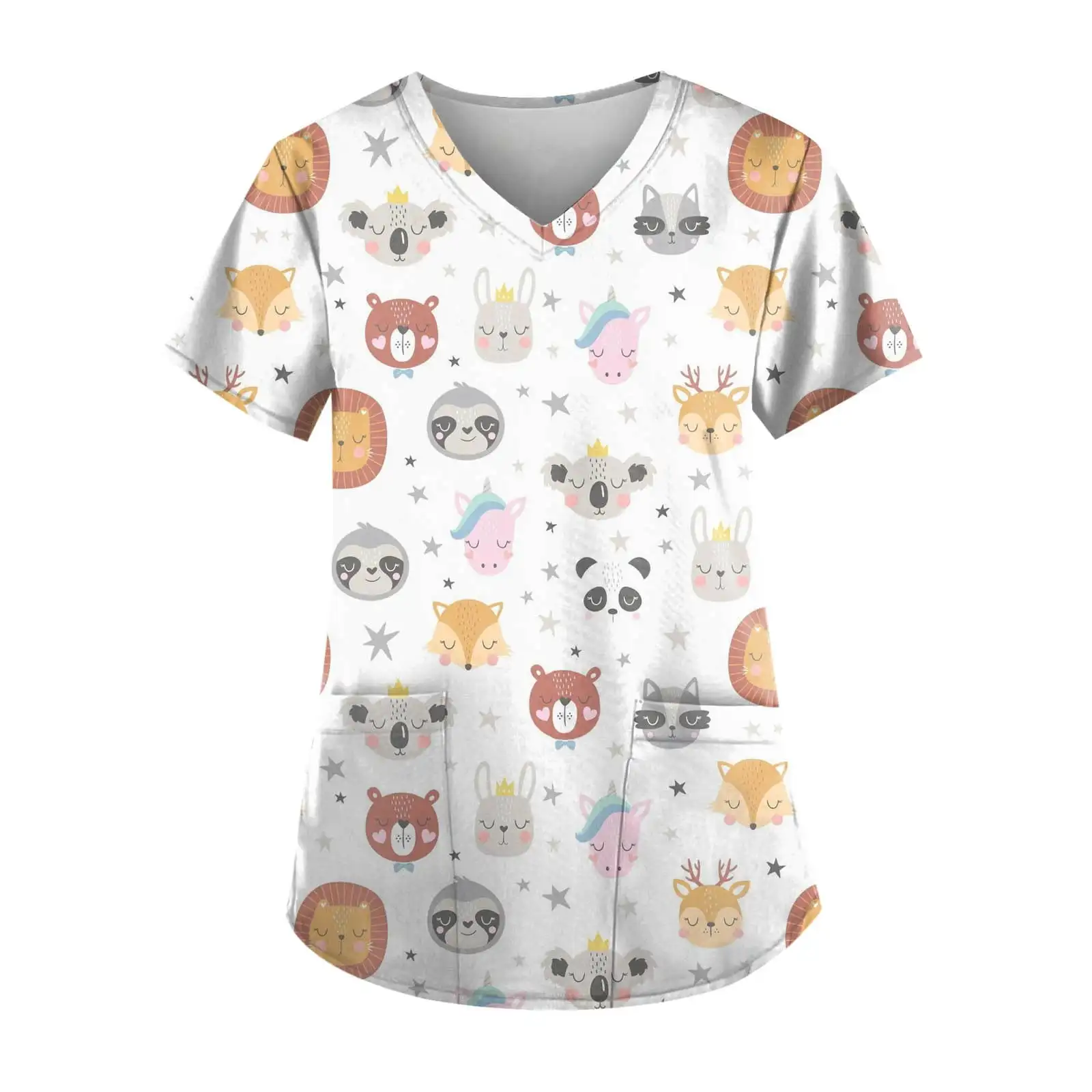 Dental Nurse Uniform for Women Cute Cartoon Print Surgical Uniform Fashion Patch Pocket Short Sleeve Top Women's Surgical Scrubs