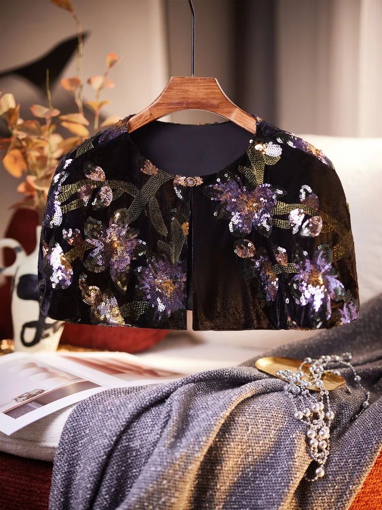 

Новая круглая накидка из бархата с пайетками и кружевом, универсальная, в стиле ретро Хепберн, для женщин