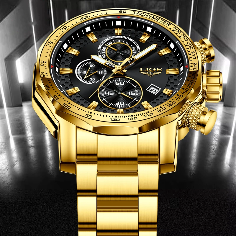 LIGE New Gold Quartz Watches For Men Military Sport Waterproof Big Dial Watch Men Fashion Business Date Chronograph Montre Homme