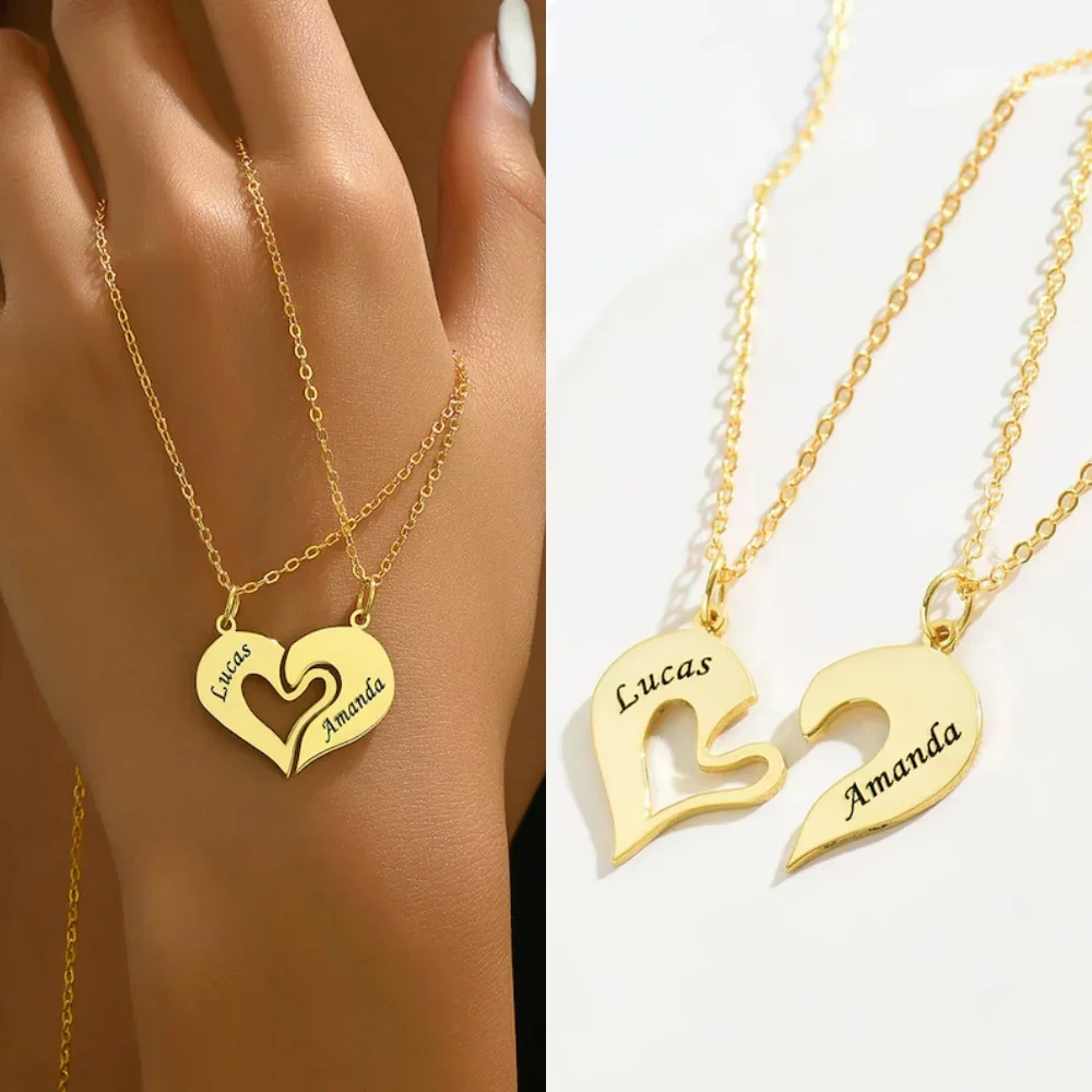 

2pcs Couple Set Necklaces Personalise Engraved Custom Names Necklace for Women Stainless Steel Heart Pendant Choker Jewelry Gift