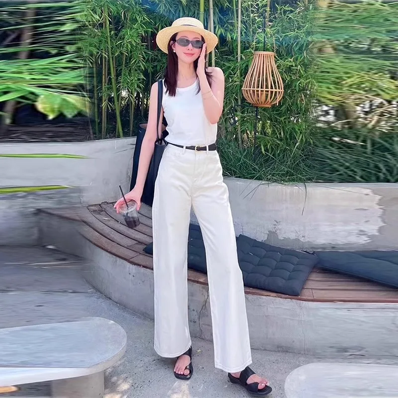 Vaqueros blancos de pierna ancha para mujer, plones hoados de cintura alta, ajustados, sensación avanzada, no transpare...
