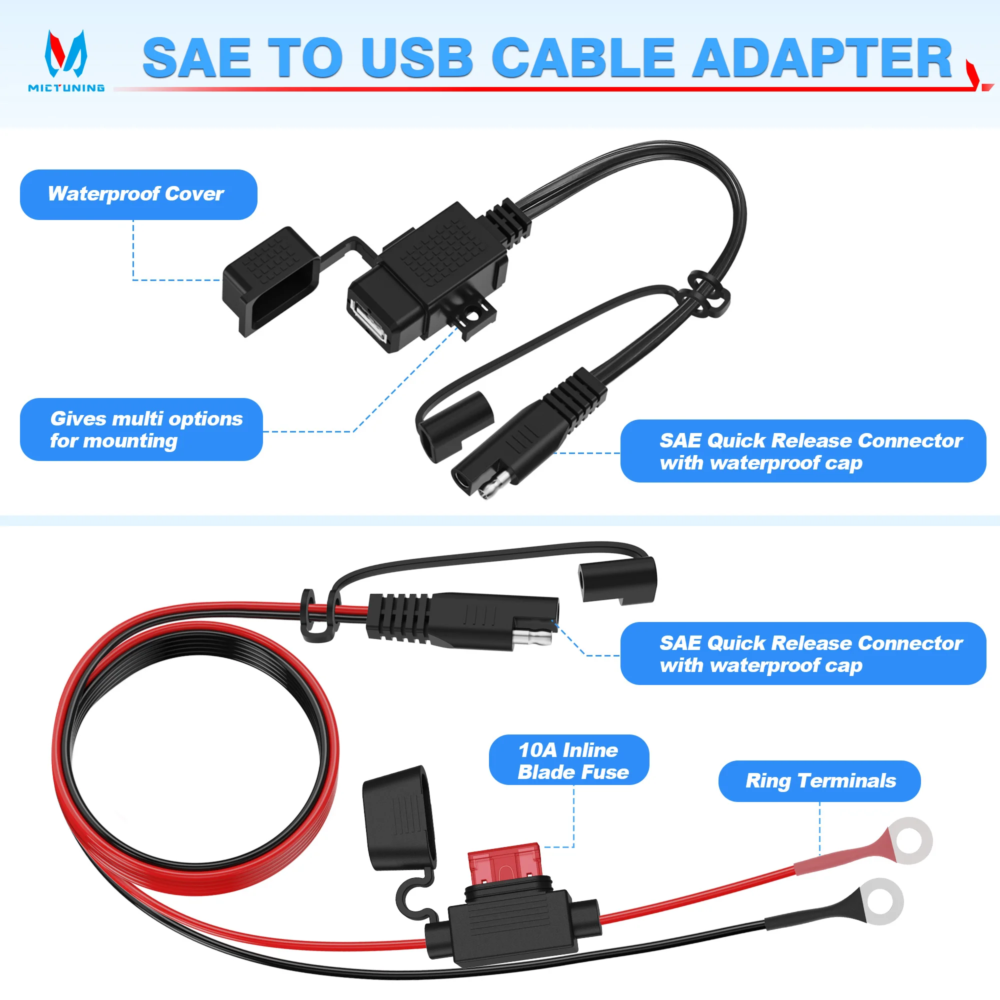 MICTUNING Waterproof SAE to USB Cable Adapter With Inline fuse Phone GPS MP4 Charger Cable USB Fast Port For Motorcycle Phones