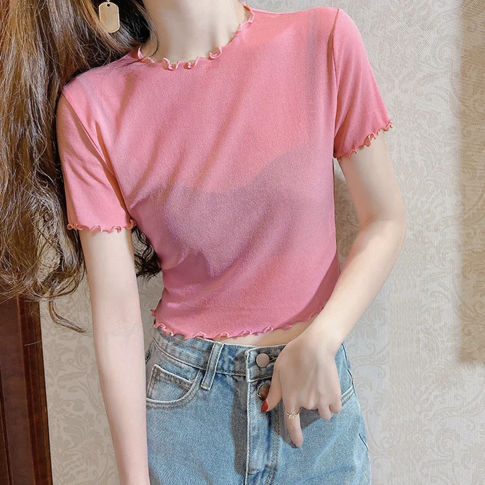 여자 Y2k 용수철 여름 미니 짧은 크롭탑, 탄성 메쉬 티셔츠, 퍼플 그린 핑크 화이트 살구색 컬러, 카와이 옷