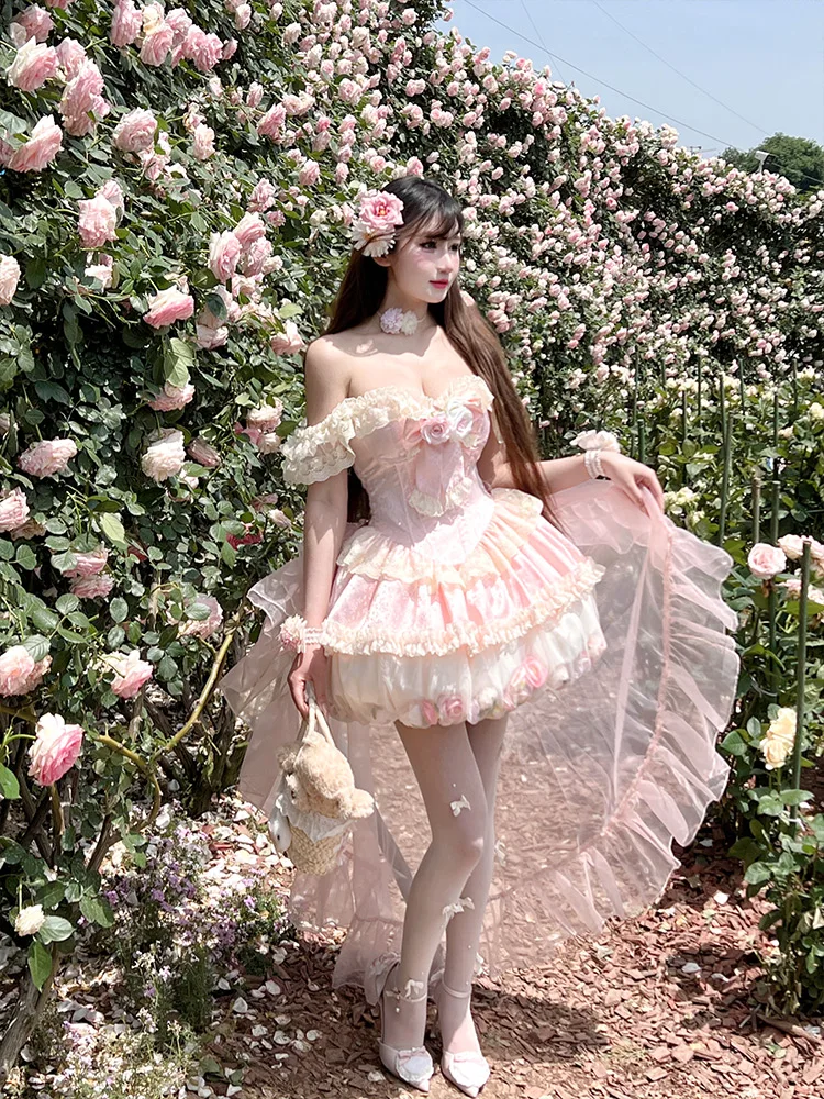 夏甘いエレガントなピンクの花のウェディングドレスの女性のスリムフィットレースエッジミニ花のつぼみドレスプリンセス妖精ロリータドレス