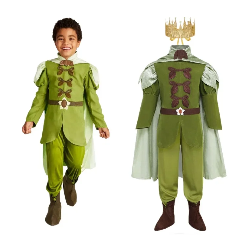 3-12 Years Frog Prince Naveen Costume Kids Little Boys Halloween Festival Carnival Cute Outfit Cape Cloak Crown Rod For Child