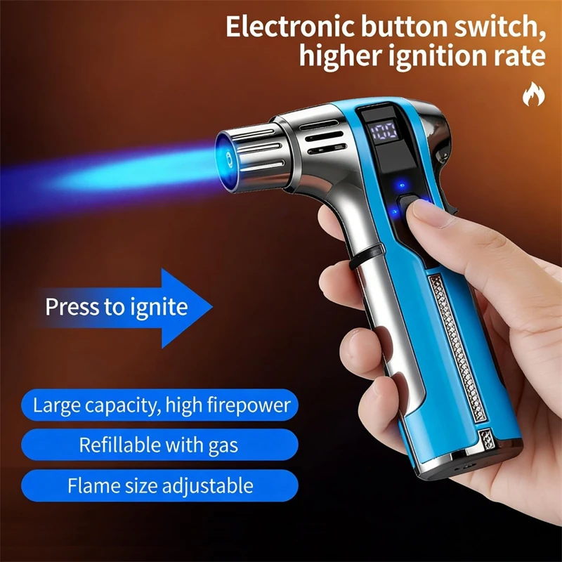 Metal Windproof Jet Flame Lighter Battery Level Display 360° Ignition with Safety Lock for Cigar Barbecue Kitchen Gifts for Men