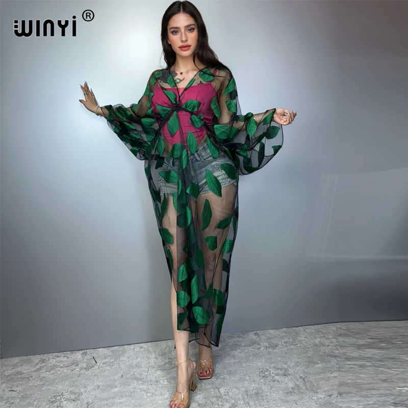 WINYI Sommer Hohe Gabel sexy Perspektive Kleid Boho Kleid Frauen Kaftan Böhmen Afrika Kaftan Strand Cover Up Dubai Abaya
