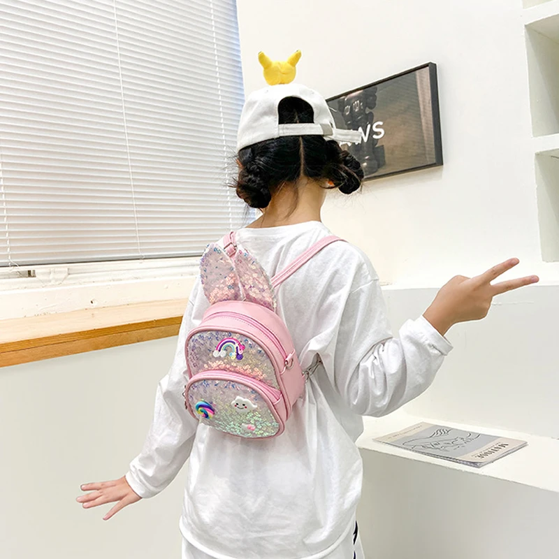 Fashion Sequins Rabbit Ears Backpack Children\'s Bling School Bags Cute Waterproof Student Kids Girls Kindergarten Schoolbags