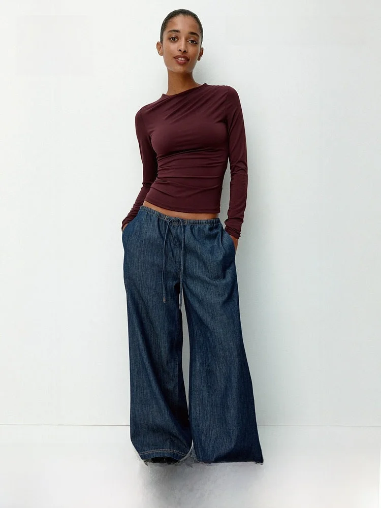 

H&M Women's Denim Pants Summer Lazy Lyocell Fashion Mid-Waist Wide Leg Drawstring Style Long Trousers 1267589
