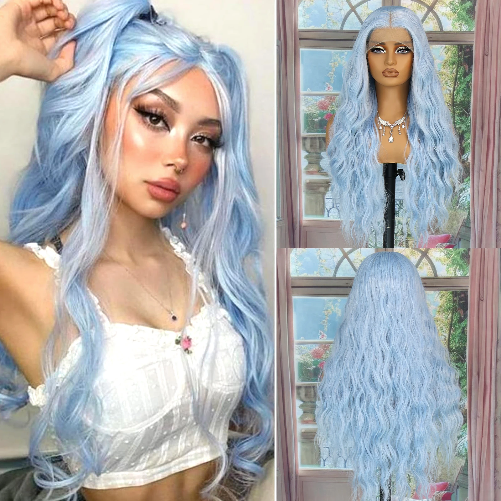 

Aubree Synthetic Wigs 13*4 Lace Front Wig For Women Daily Use and Party Light Blue Long Wavy 28 inches 180% Density Glueless