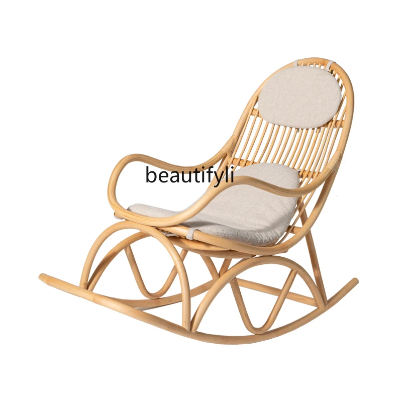 

zqRattan Chair Rocking Chair Balcony Home Leisure Recliner Full Rattan Woven Lazy Bone Chair