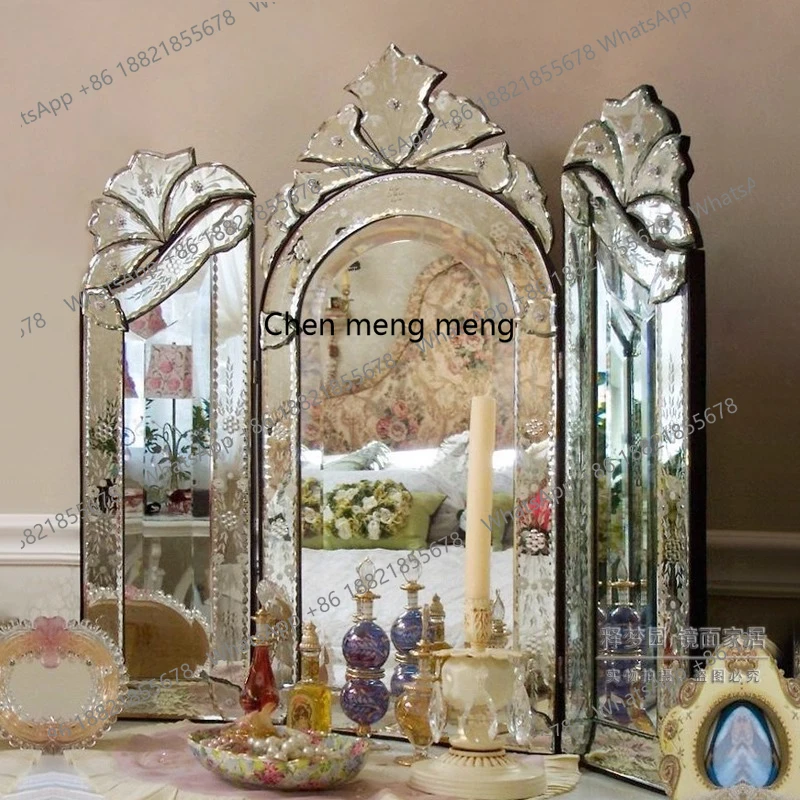 

Vintage carved tri-fold mirror bedroom dresser folding makeup mirror household dressing table mirror 0022
