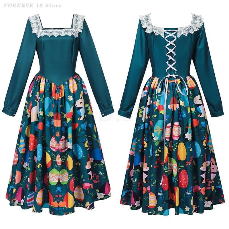 

Easter Themed Retro Dress Christmas&halloween Cosplay Costume Women Sexy Lace Square Neckline Long Sleeve Printing Fancy Dresses