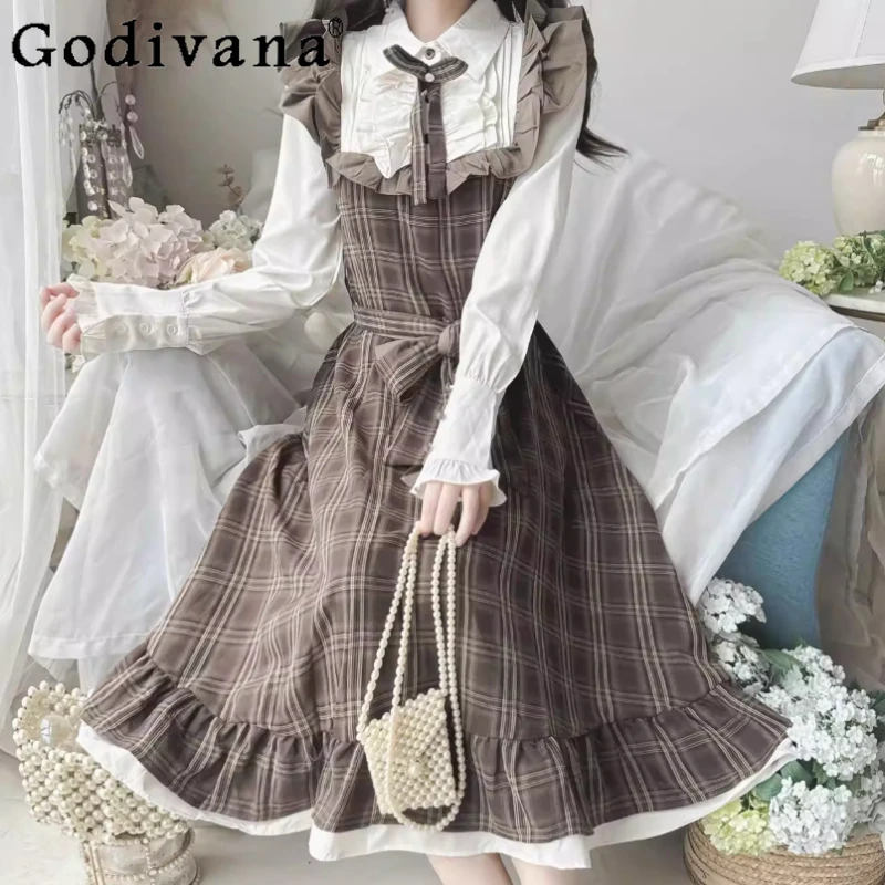 

Spring Elegant French Vintage College Bow Plaid Dress Fashion High Waist A-line Fake Two-piece Slim Temperament Women Dresses