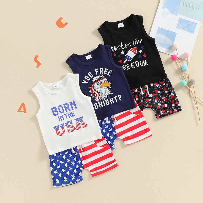 Goocheer Baby Boy 4th of July Outfit Sleeveless Eagle Letter Print Tank Tops Shorts Set Toddler Summer Clothes Summer Casual set