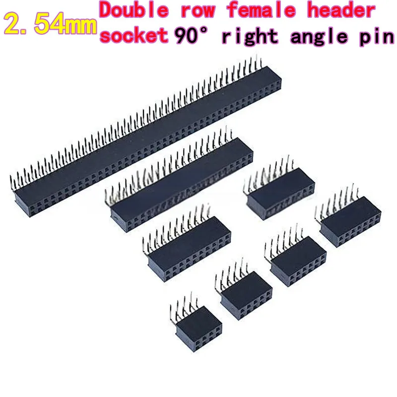 

20PCS Pitch 2.54mm, 2×4/5/6/8/10/40P, right angle double row female header socket, 90° bent pin, gold plated