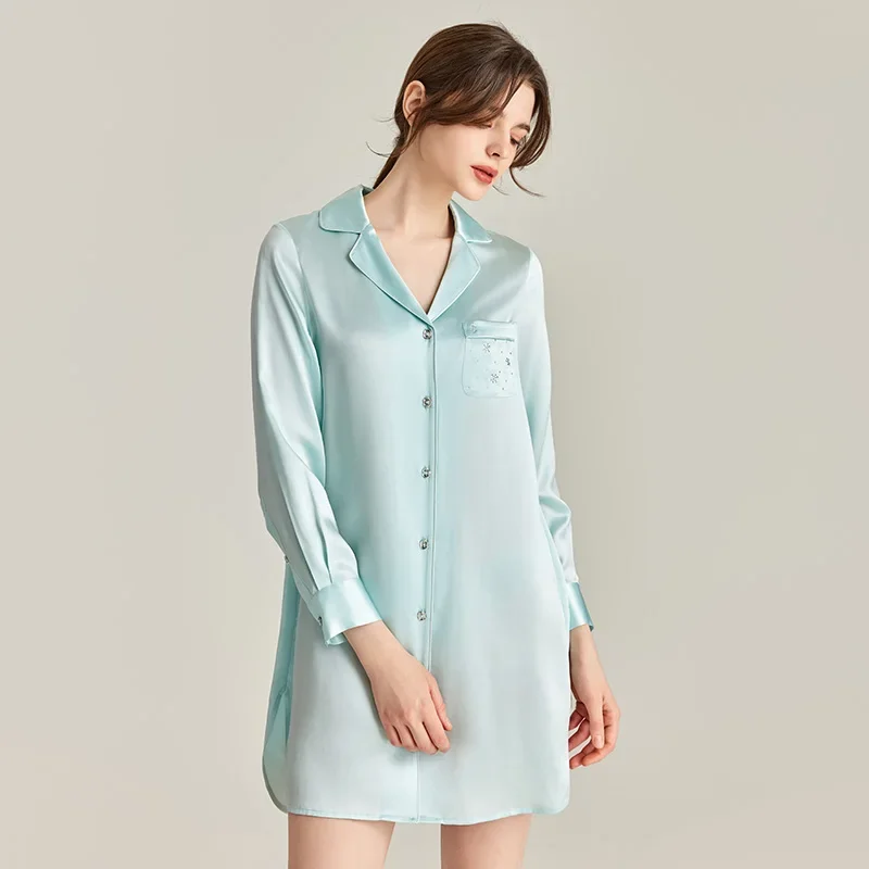 

22MM 100% Mulberry Silk Long Sleeve Nightshirt Diamond Casual Sleepshirt Button Down Pajama Dress Cardigan Nightgown Homewear PJ