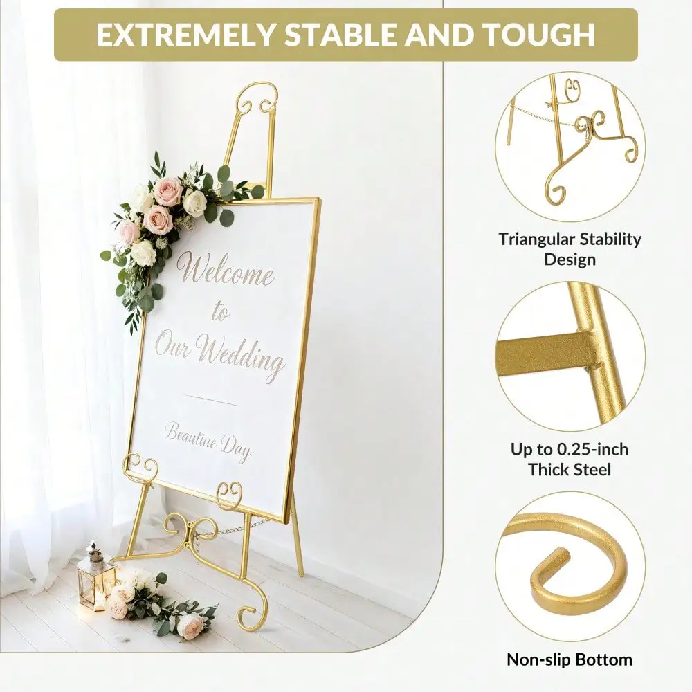 Gold Easel Stand For Sign, Adjustable Wedding Welcome Sign Stand With Chain Support, Heavy-Duty Metal Floor Easel For Displaying