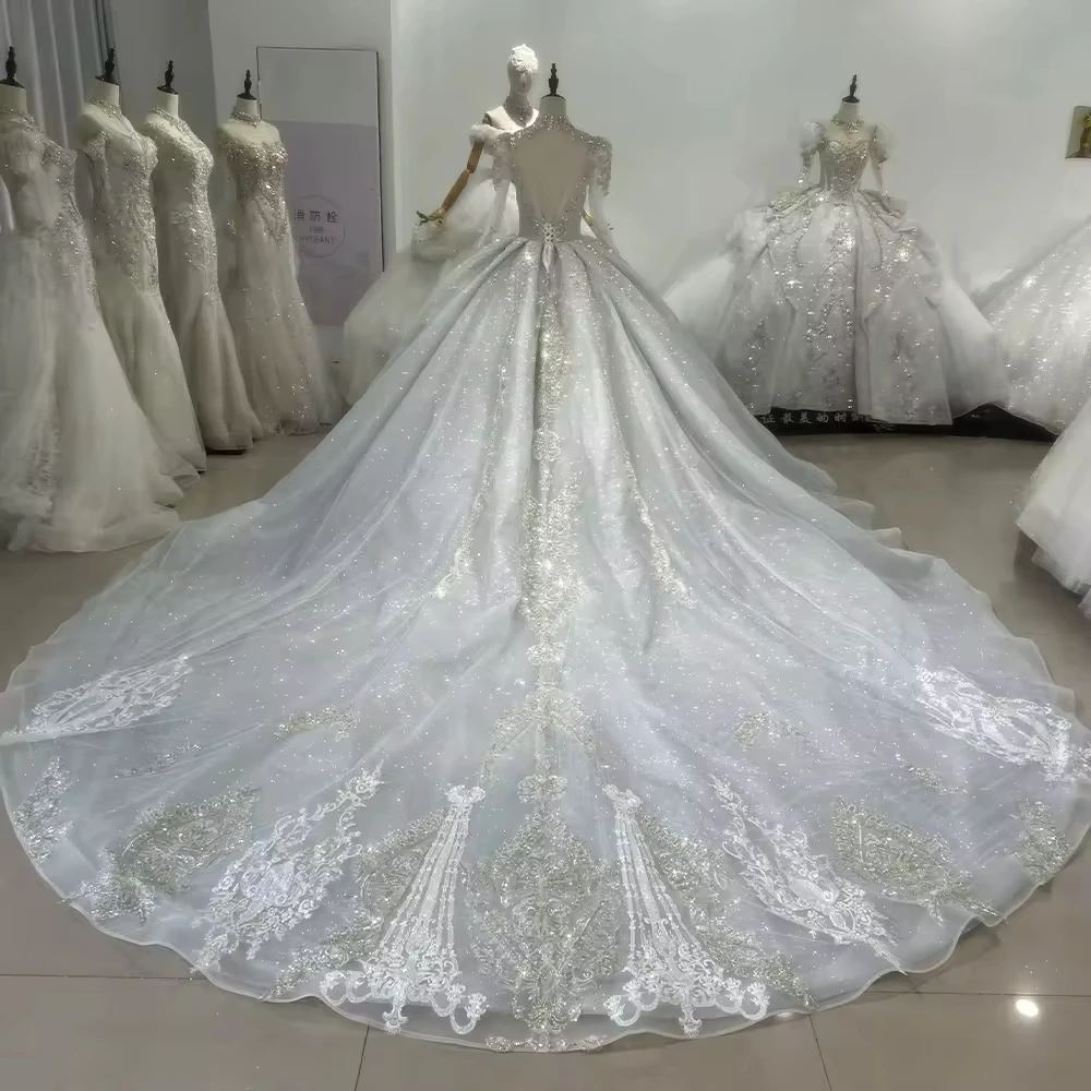 Blue Wedding Gowns For Brides Long Sleeve High Neck Wedding Dress Beading Rhinestones Ball Gown Bridal Dress