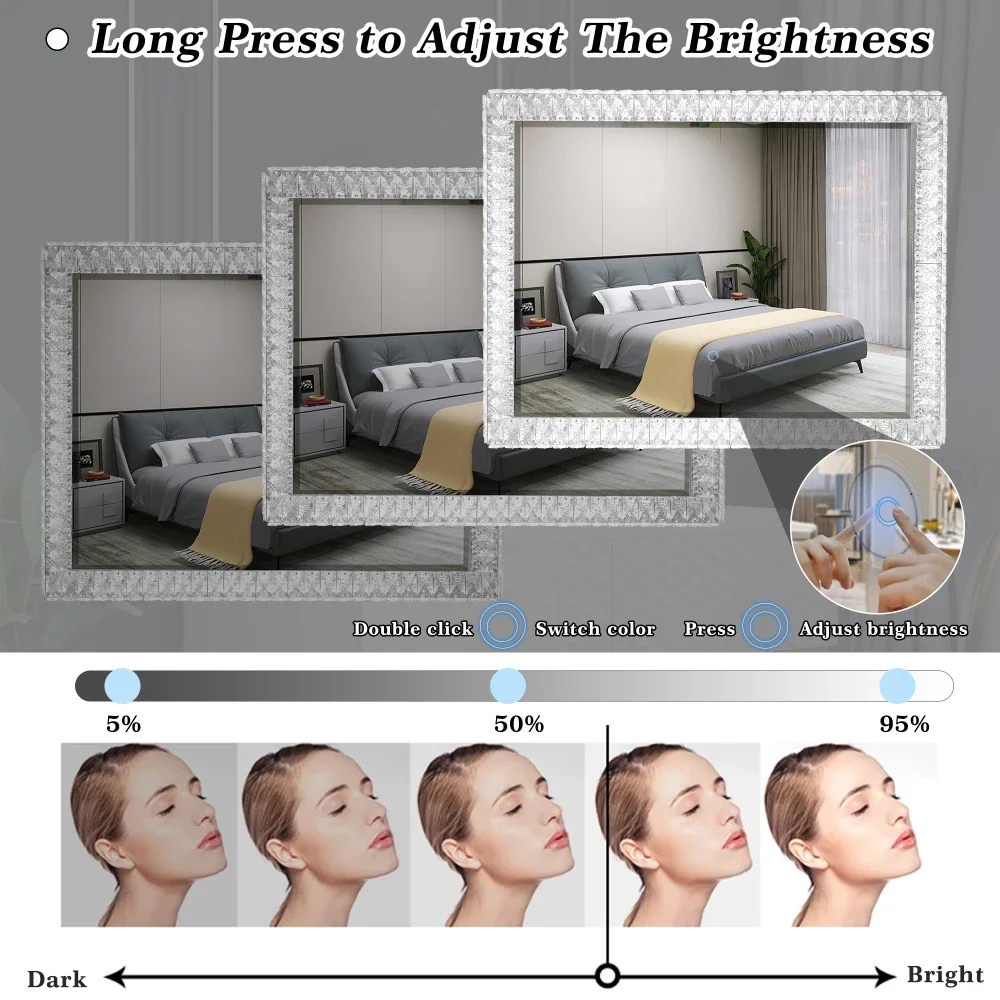 Miroir lumineux LED en cristal avec lumières à intensité variable, table de beauté pour salon de chambre à coucher, miroir de maquillage, vanité en diamant