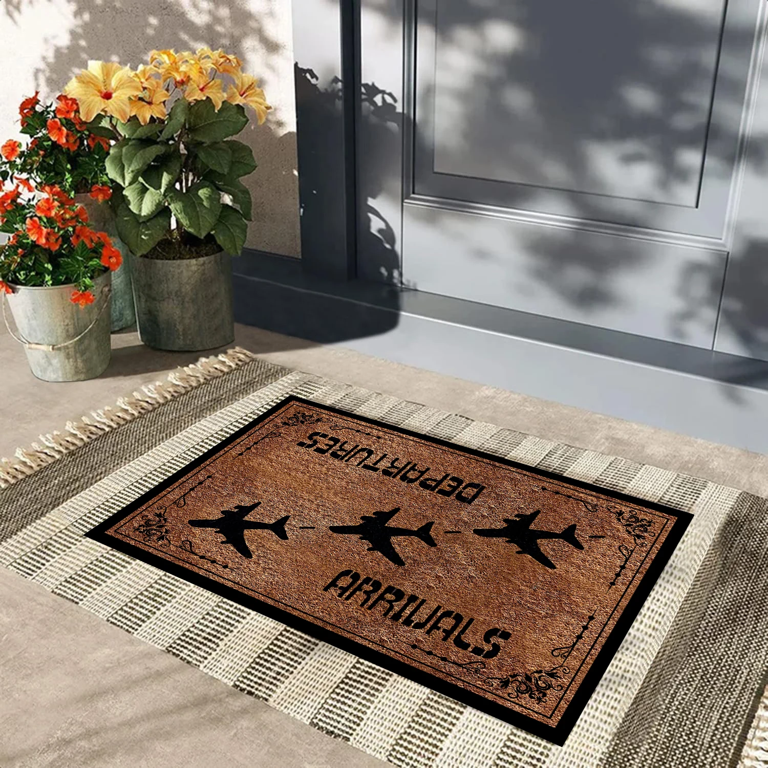 Arrivals Departures Funny Doormat,Pilot Airport Travel Gift Airplane Welcome Mat,Anti-slip Rubber Floor Mats