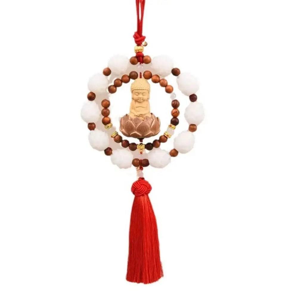 Wooden Beads Circle Lotus Car Pendant with Tassel Lucky Car Rearview Mirror Pendant Chinese Style High Quality