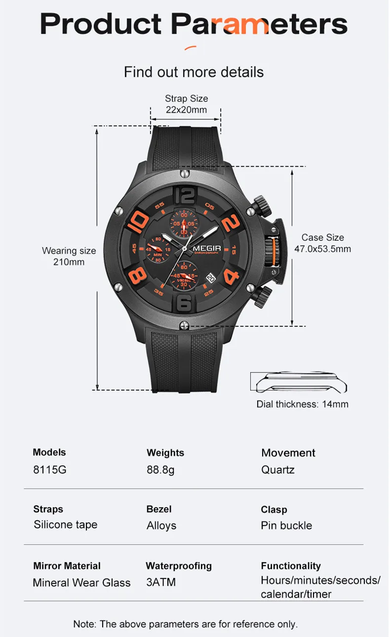 MEGIR Black Silicone Sports Watch Men Military Quartz Wrist Watches Waterproof Luminous Calendar Chronograph Clock Reloj Hombre