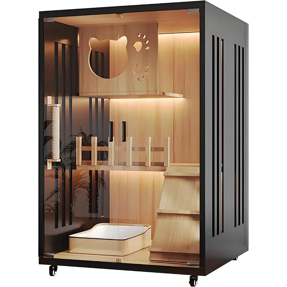 모던 캣 하우스 & 실내 빌라 - 잠금 가능한 바퀴와 강화 유리가 있는 초대형 목재 고양이 집 케이지, 멀티