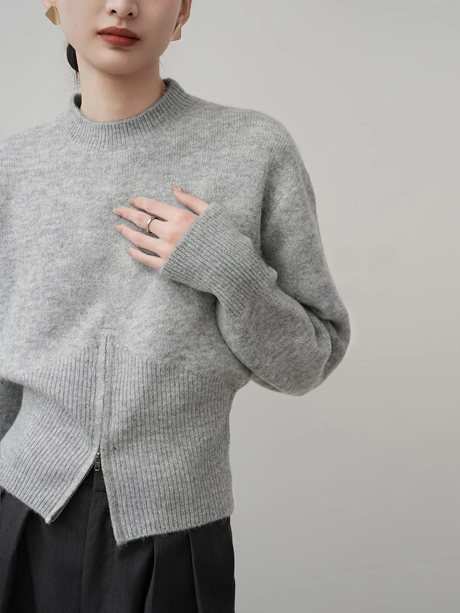 

XALI Women's Knitted Sweater Thin Zipper Hem Pullover ey Spring Autumn Winter Warm Base Layer round Ne Long Sve Top