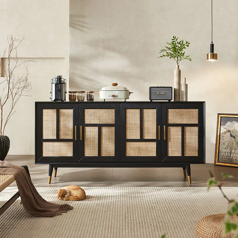 wood dining side cabinet, living room household rattan oak foot double door cabinet, modern simple homestay locker