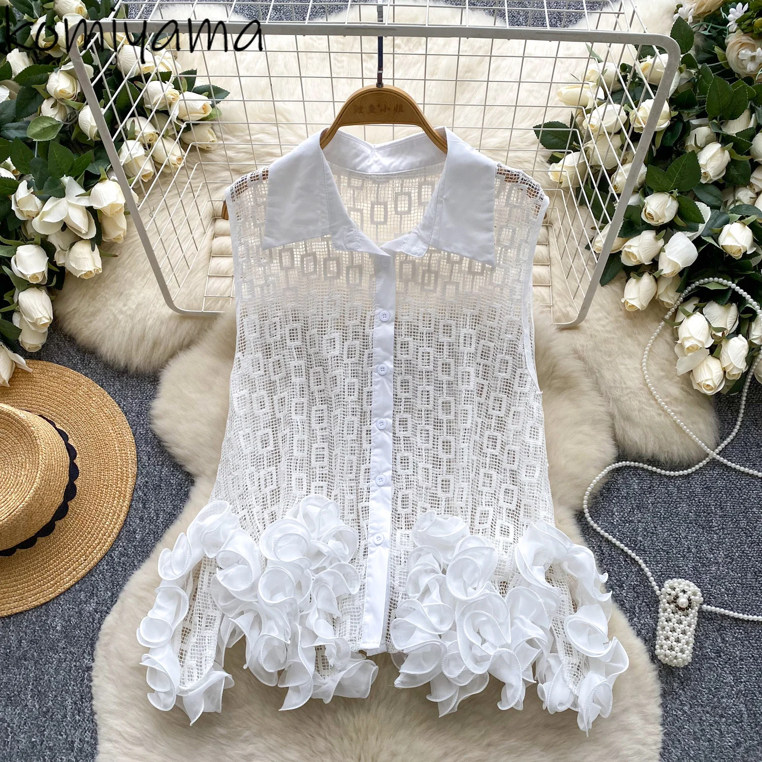 

Irregular 3d Lace Woman 2025 Shirts & Blouses Hollow Out Blusas Mujer Turn Down Collar Clothing Sleeveless Ropa Mujer Camisas