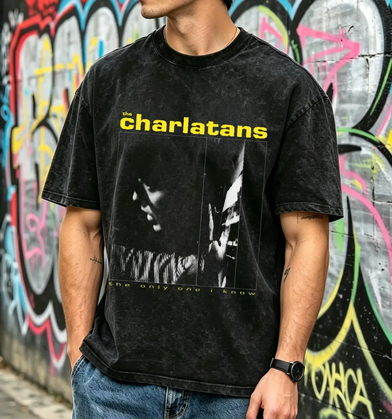washed T Shirt VINTAGE 1990 THE CHARLATANS INDIE ROCK TOUR CONCERT MADCHESTER BRITPOP vintage Washed Stretched Casual Stylish