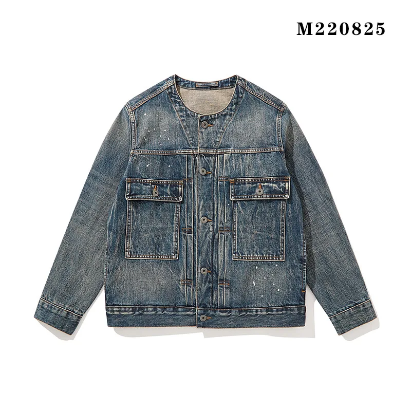 

Japanese Heavyweight 15 Ounce Red Ear Tannin Red Border Fabric Collarless Nostalgic Loose Fit Distressed Splashed Denim Jacket