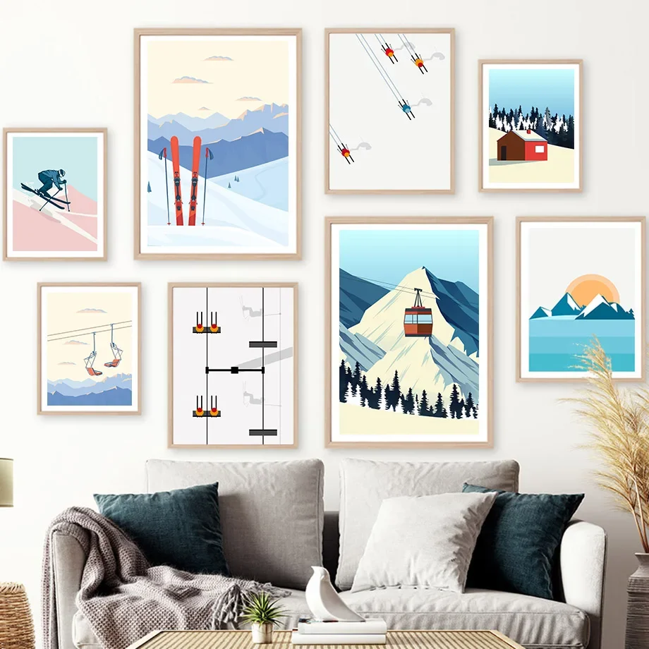 Vintage Minimalist Ski Snowboard Snow Mountain Wall Art Canvas Painting Posters And Prints Wall Pictures For Living Room Decor