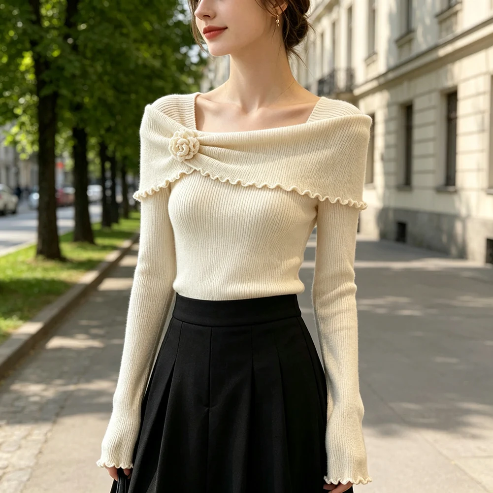 Women's Solid Color Flower Long Sleeved Knitted Slimming Tops V-shaped Hem And Wide Neckline Design Sweater