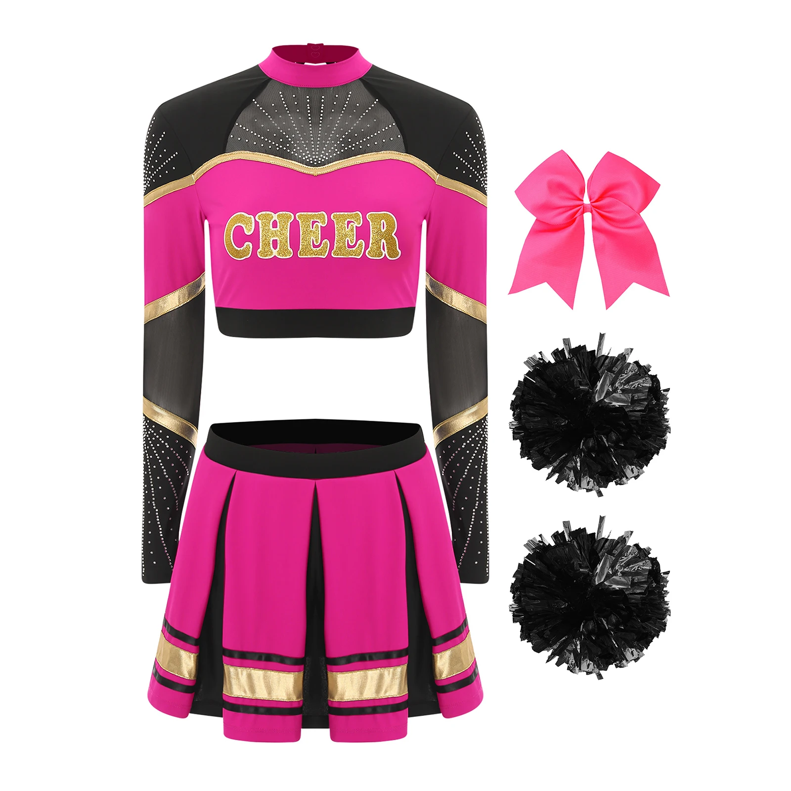 Women Dance Cheerleading Costume High School Uniform Long Sleeve Crop Top + Skirt Cheerleader Outfit for Halloween Fancy Party