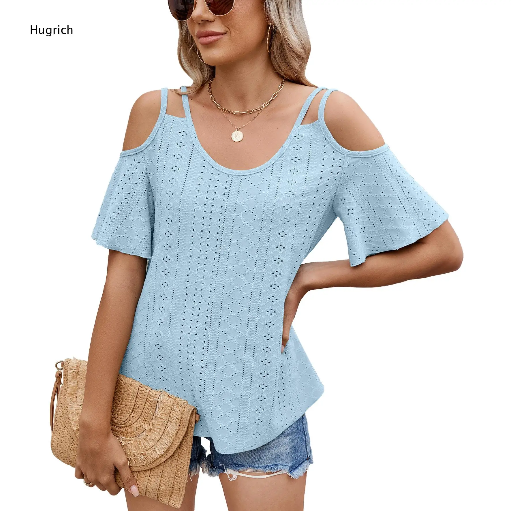 Lavender Eyelet Hollow Cold Shoulder Tee For Women Double Thin Strap U Neck Flare Short Sleeve Loose Lightweight Shirt