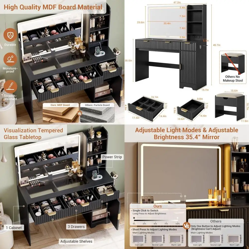 Large Black Makeup Vanity Desk with 35.4 LED Mirror, 47.2 Drawer Table, and Stool, Including Charging Station and Adjustable She